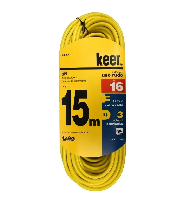 Extensión Eléctrica Keer 2441 – 15 metros, 3 contactos, uso rudo