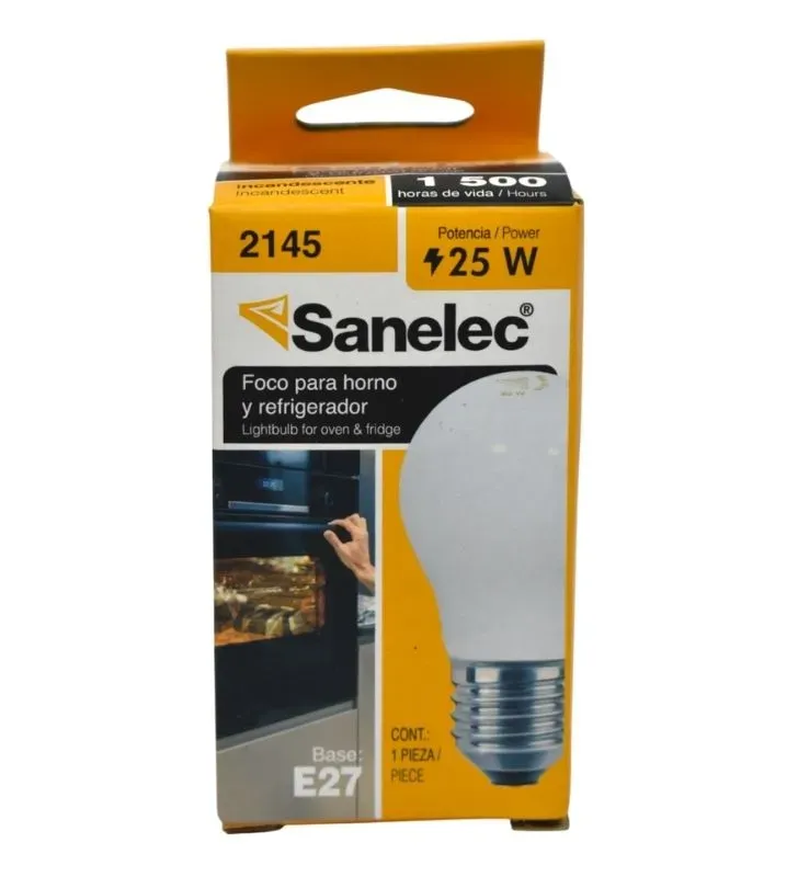 Foco Incandescente Sanelec 2145 – 25W, Base E27, Luz Cálida para Horno/Refrigerador