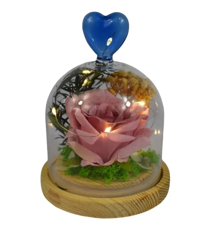 Lámpara de Flor de Cristal 8018Y – Rosa Eterna con Corazón Azul