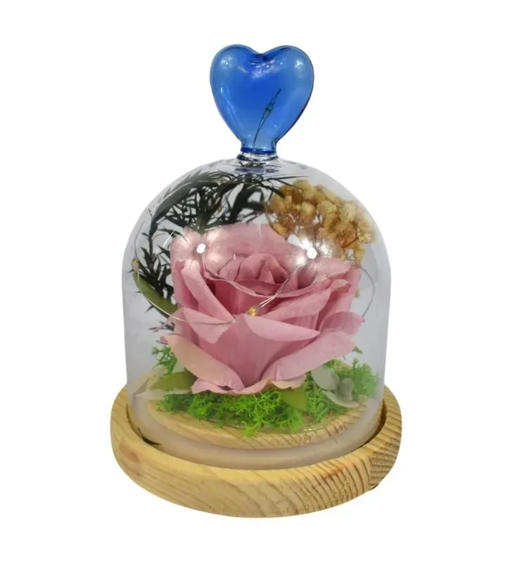Lámpara de Flor de Cristal 8018Y – Rosa Eterna con Corazón Azul