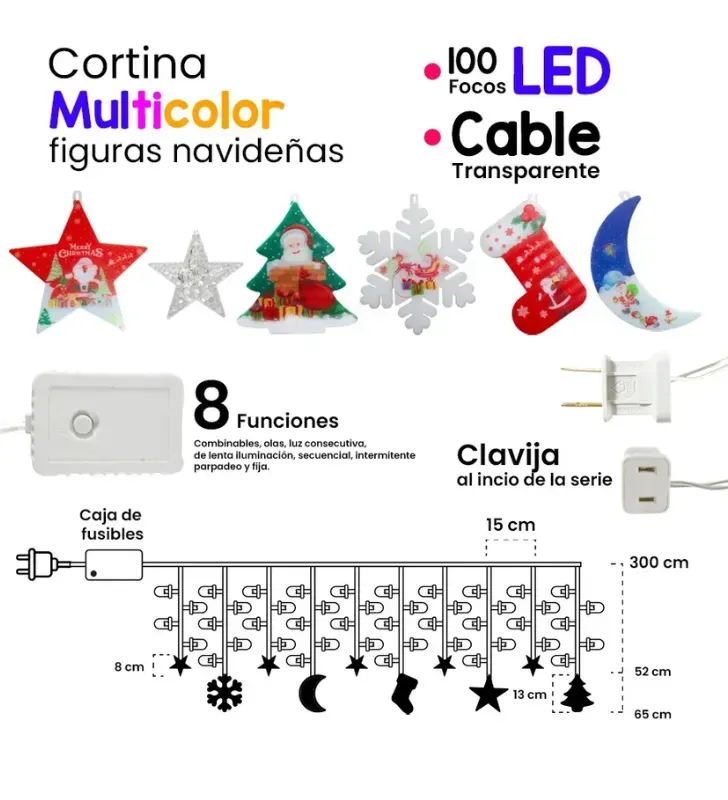 Serie Cortina Navideña Navicolors L573156 – Cortina LED 100 Focos Multicolor Cable Transparente