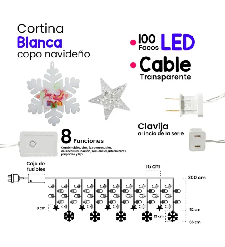 Cortina Navideña Navicolors Cortina LED 100 Focos Luz Blanca Copo de Nieve 3 m