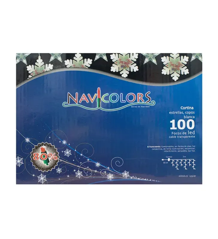 Cortina Navideña Navicolors Cortina LED 100 Focos Luz Blanca Copo de Nieve 3 m