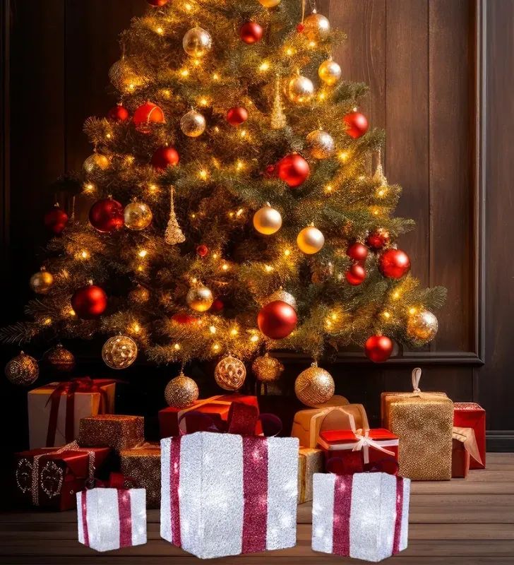 Set Decorativo Navideño 3 Cajas de Regalo con Luces LED