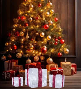 Set Decorativo Navideño 3 Cajas de Regalo con Luces LED