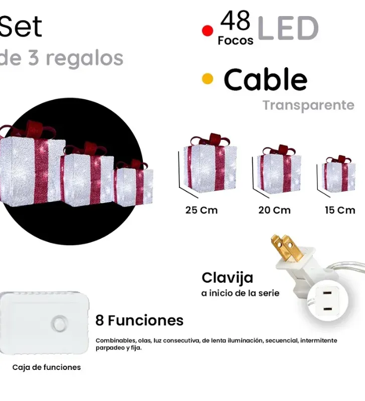 Set Decorativo Navideño 3 Cajas de Regalo con Luces LED