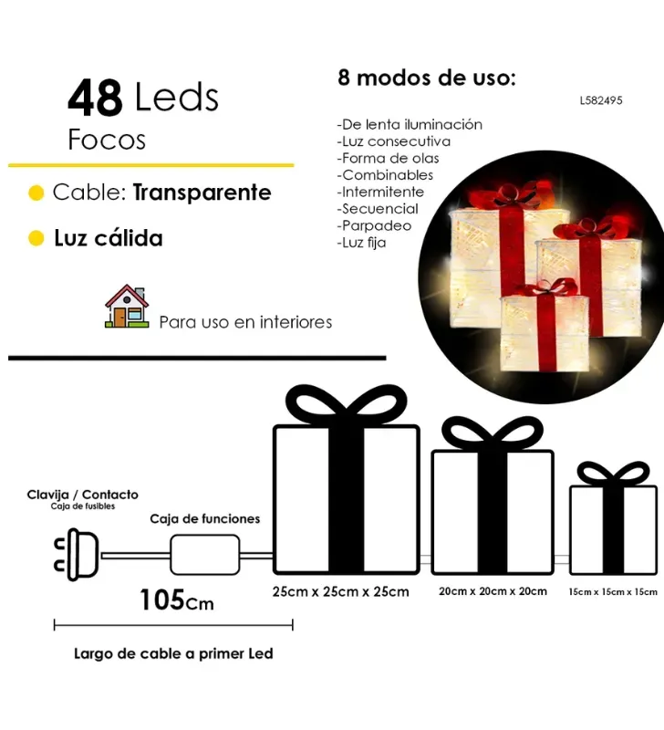 Set Decorativo Navideño 3 Cajas Regalo Luces LED Base Metal
