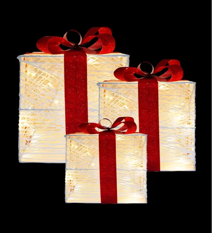 Set Decorativo Navideño 3 Cajas Regalo Luces LED Base Metal