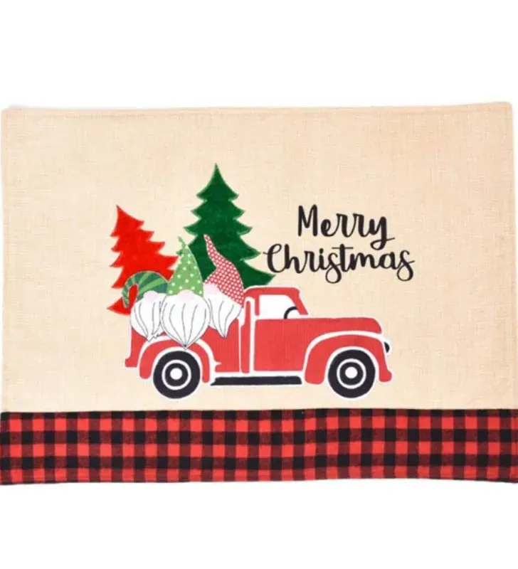 Mantel de Lino Café Navideño – Camioneta Gnomos Pinos