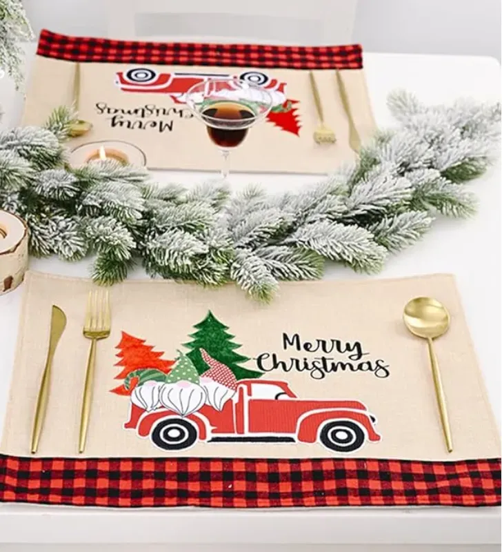Mantel de Lino Café Navideño – Camioneta Gnomos Pinos