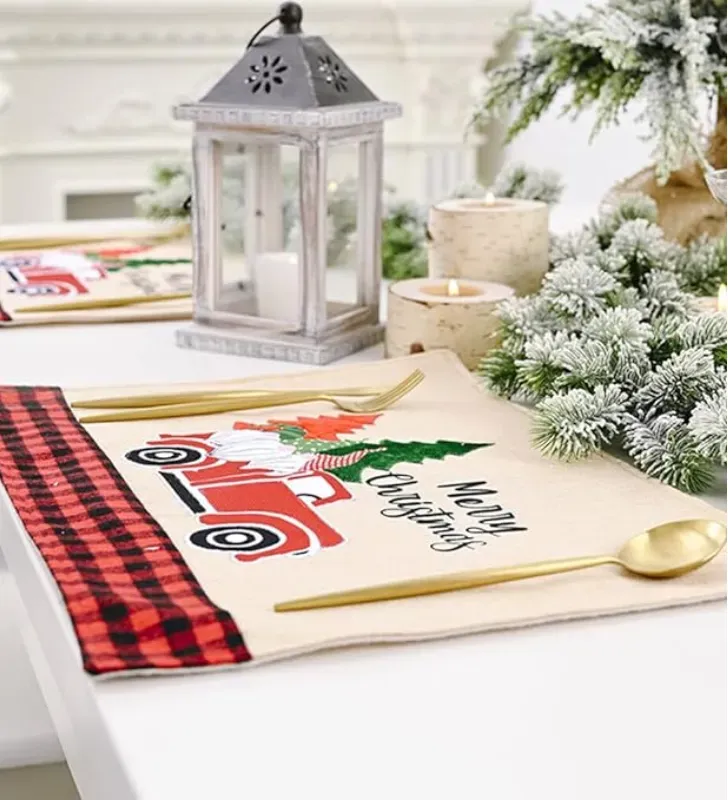 Mantel de Lino Café Navideño – Camioneta Gnomos Pinos