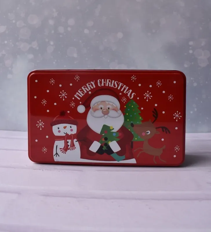 Caja metálica navideña roja 19×11.5×5.3 cm – Diseño festivo