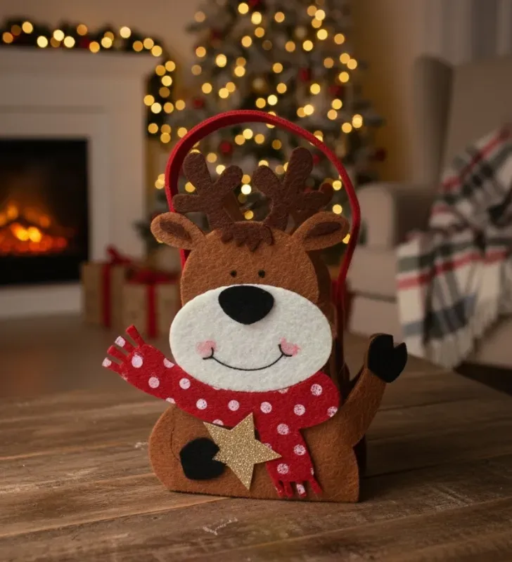 Bolsa de dulces navideña de fieltro con diseño de reno