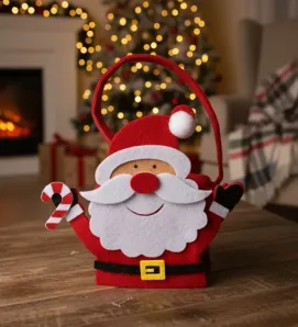 Bolsa de dulces navideña de fieltro rojo con diseño Santa Claus