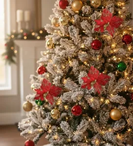 Flor de nochebuena artificial roja con detalles dorados