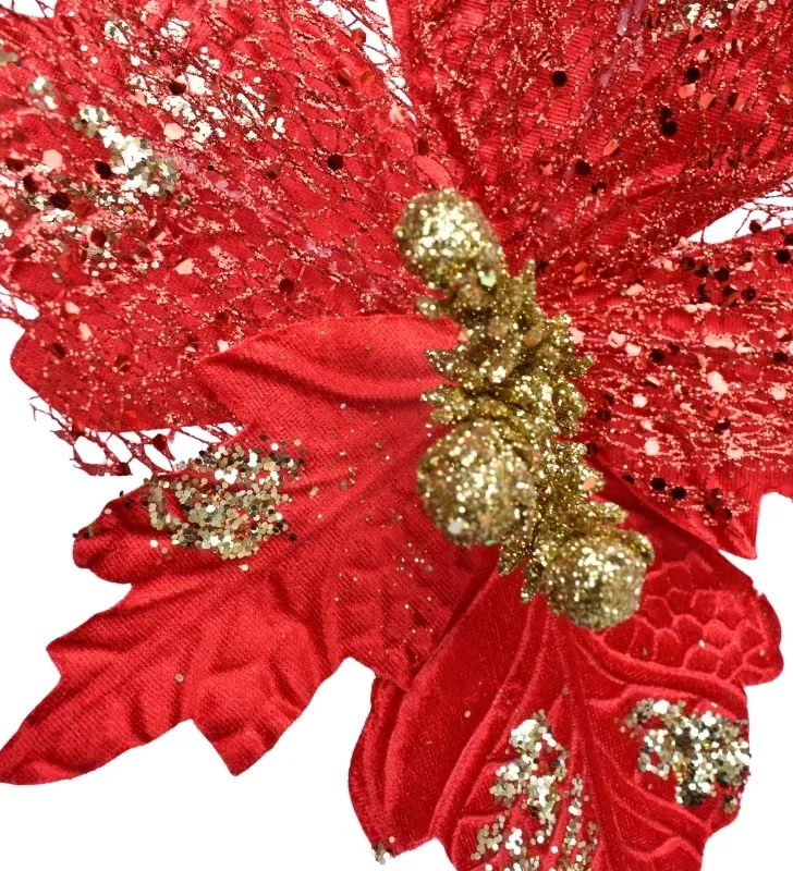 Flor de nochebuena artificial roja con detalles dorados