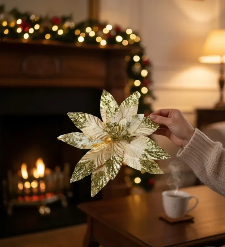 Pick Navideño Nochebuena Diamantado colores blanco y dorado – Decoración Navideña