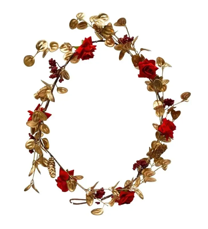 Guía Decorativa Navidad Hojas Doradas y Rosas Rojas