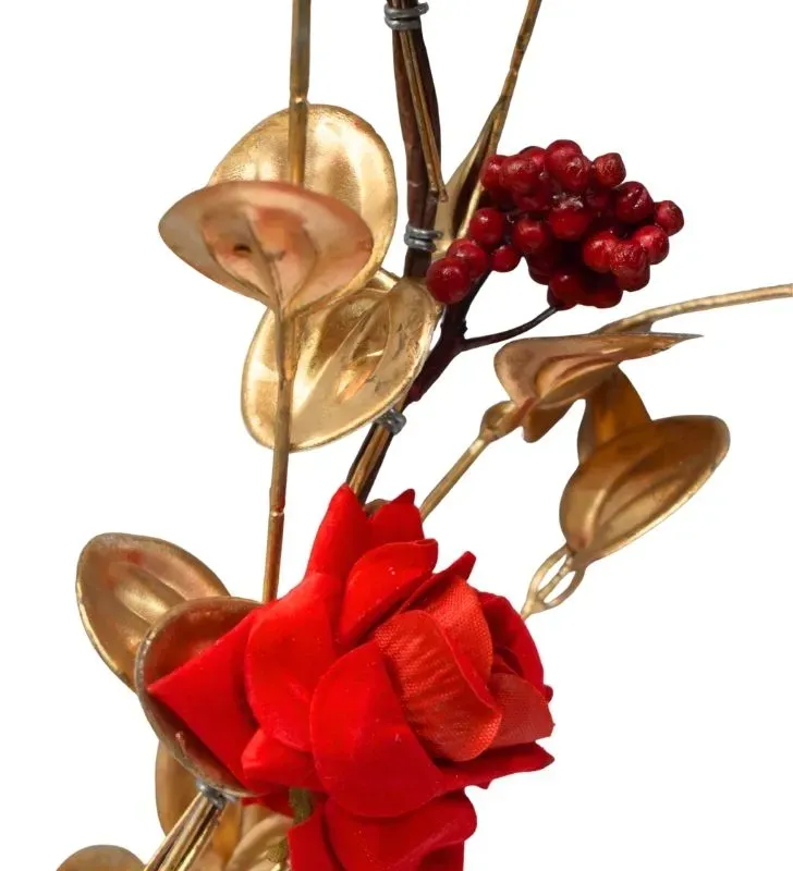 Guía Decorativa Navidad Hojas Doradas y Rosas Rojas