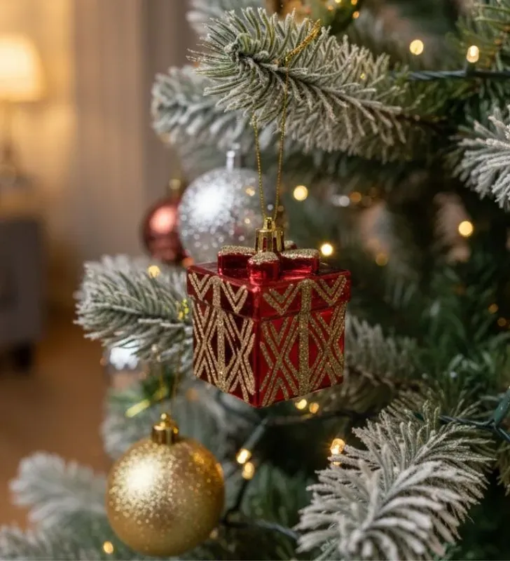 Set 4 Adornos Navideños Plástico Caja Regalo Rojos Dorados