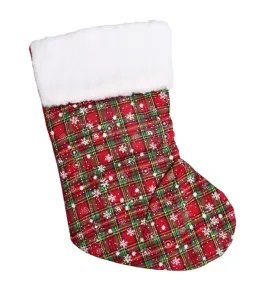 Bota Navideña Tela Escocesa Puño Felpa Blanco – Decoración