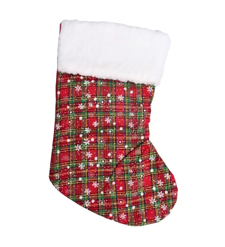 Bota Navideña Tela Escocesa Puño Felpa Blanco – Decoración