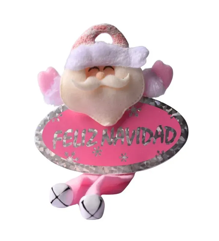 Colgante de tela “Feliz Navidad” – tonos rosa, blanco y gris – Santa, Muñeco de Nieve, reno de santa