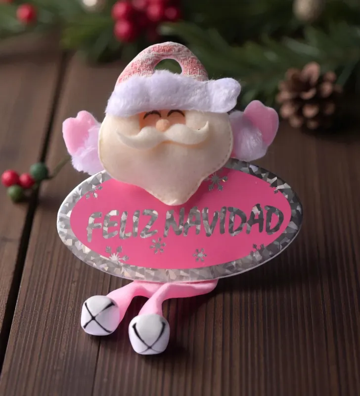 Colgante de tela “Feliz Navidad” – tonos rosa, blanco y gris – Santa, Muñeco de Nieve, reno de santa