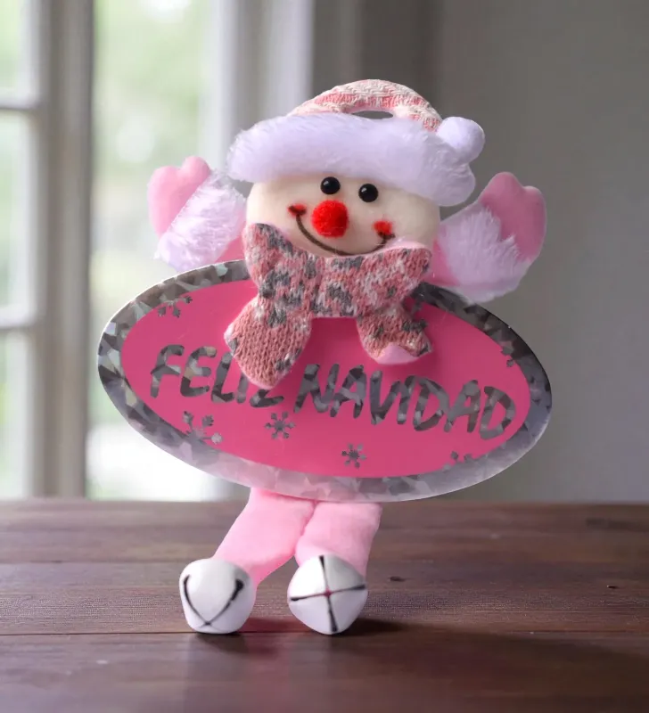 Colgante de tela “Feliz Navidad” – tonos rosa, blanco y gris – Santa, Muñeco de Nieve, reno de santa