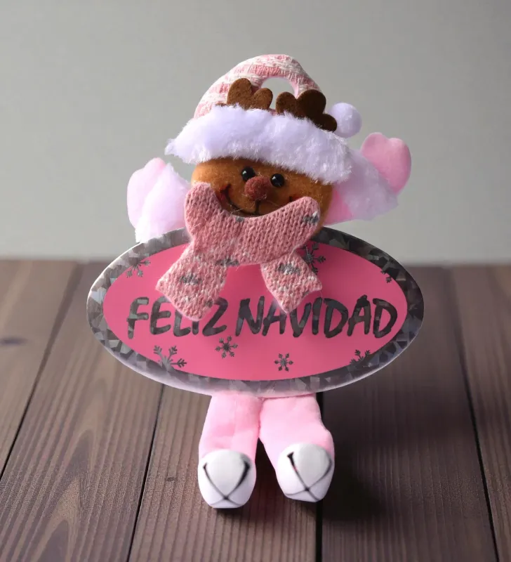 Colgante de tela “Feliz Navidad” – tonos rosa, blanco y gris – Santa, Muñeco de Nieve, reno de santa