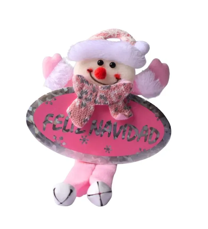 Colgante de tela “Feliz Navidad” – tonos rosa, blanco y gris – Santa, Muñeco de Nieve, reno de santa
