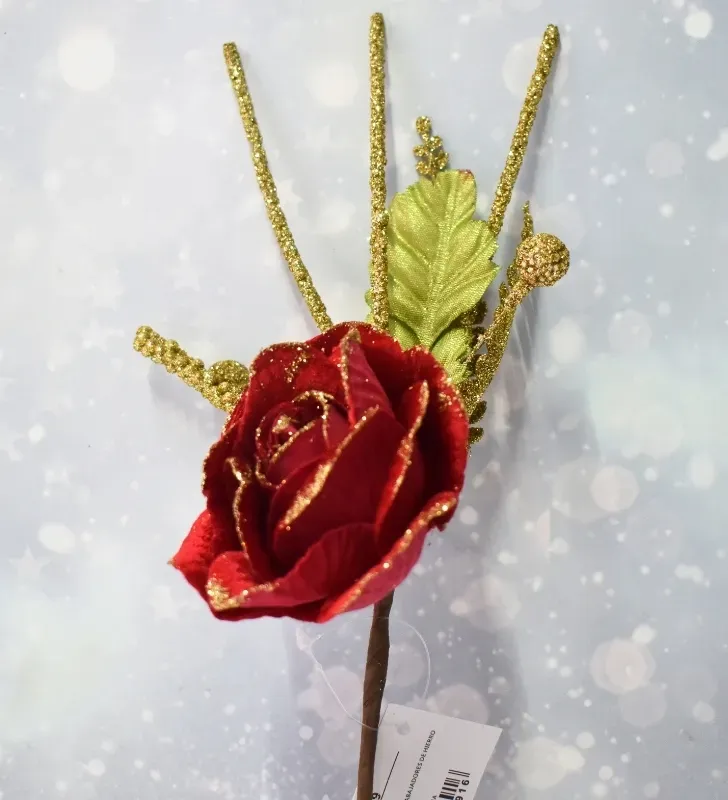 Rosa Roja con Glitter Dorado – Pick Decorativo de navidad