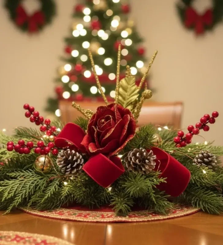 Rosa Roja con Glitter Dorado – Pick Decorativo de navidad