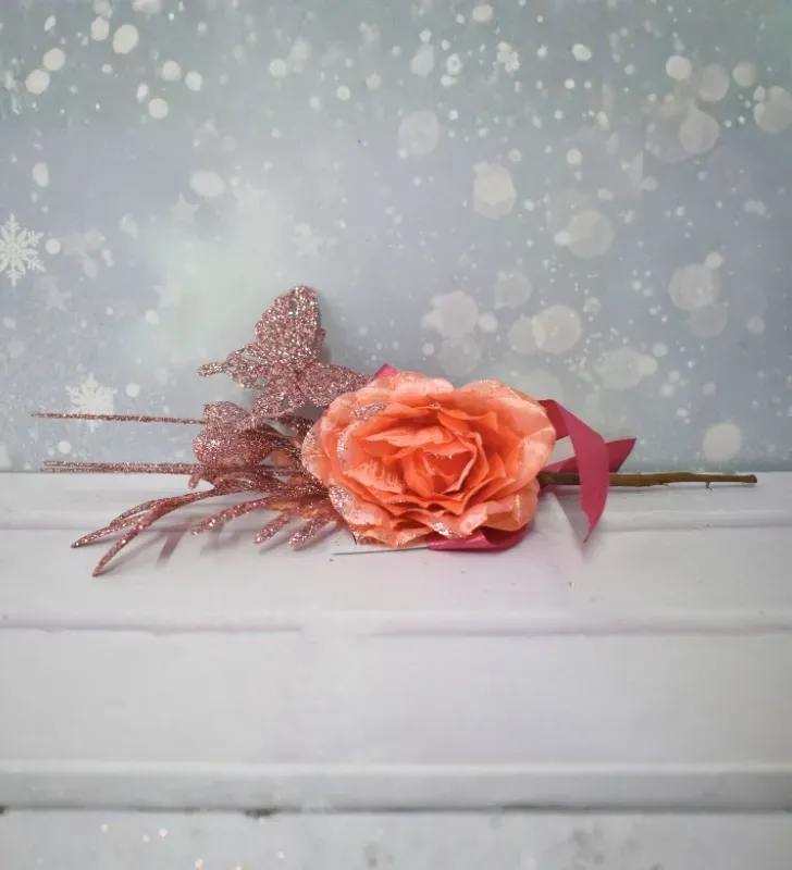 Pick Floral de Rosa y Mariposa con brillo Rosa Dorado - Decoración navideña