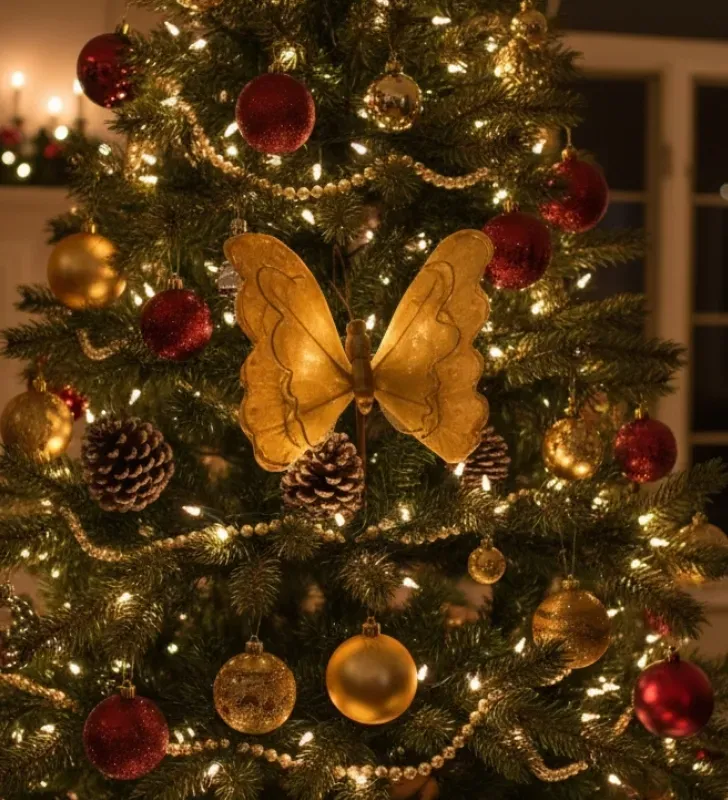 Adorno de Mariposa Dorado con Malla – Pick navideño