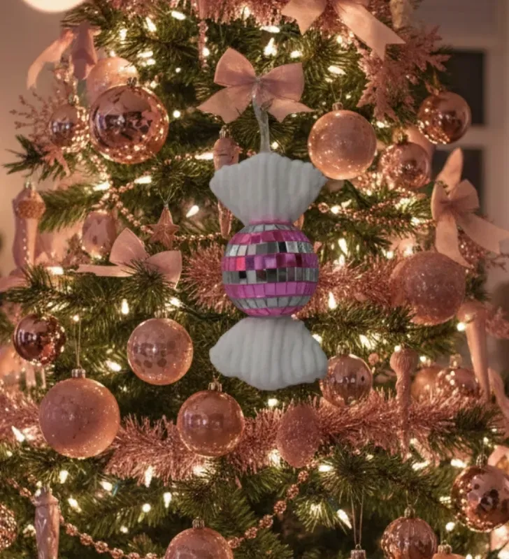 Colgante Navideño Caramelo Disco Espejo Rosa y Blanco