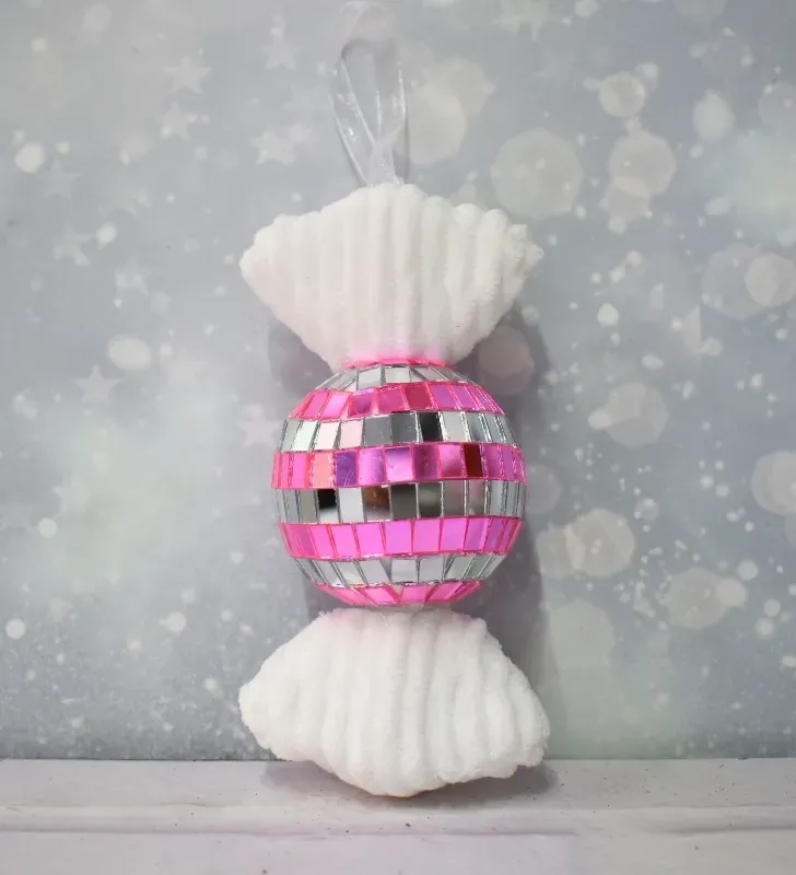 Colgante Navideño Caramelo Disco Espejo Rosa y Blanco