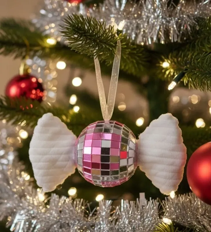 Adorno Grande Caramelo Disco Espejo Rosa Fucsia – Colgante Navideño