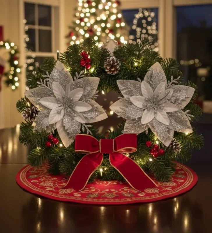 Set 2 Flores de Pascua Plateadas con brillos– Adornos Navideños