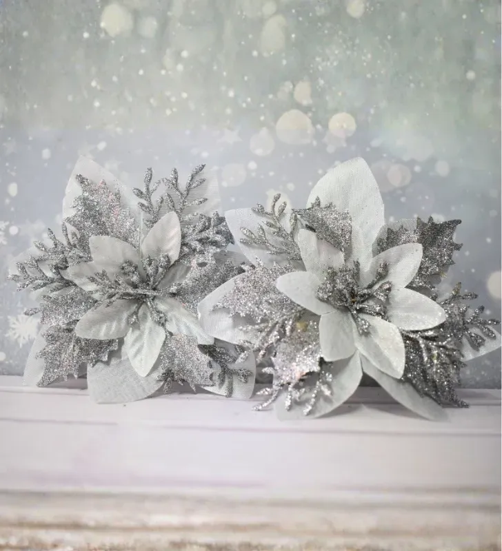Set 2 Flores de Pascua Plateadas con brillos– Adornos Navideños
