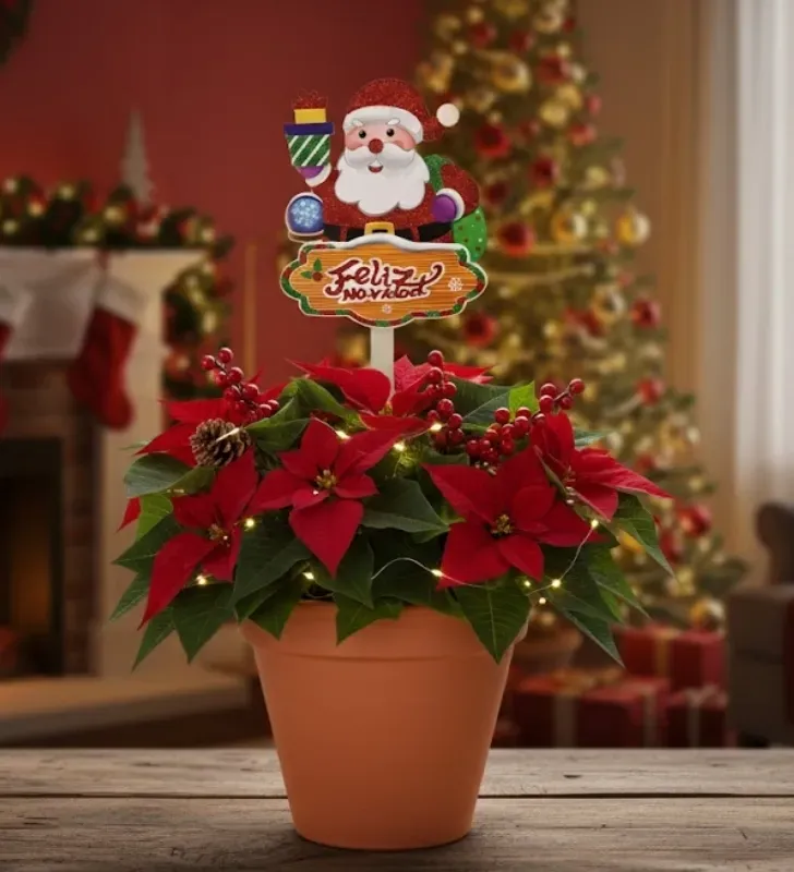 Letrero Navideño "Feliz Navidad" con Santa Claus de brillos - Pick Decorativo