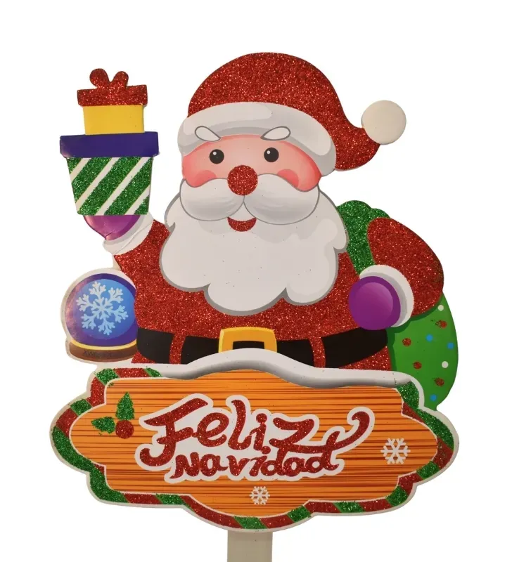 Letrero Navideño "Feliz Navidad" con Santa Claus de brillos - Pick Decorativo
