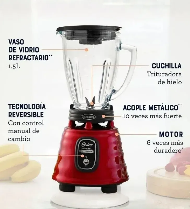 Licuadora Oster Clásica Roja 1000W Reversible | Vaso Vidrio Boroclass® | BLSTBESTR