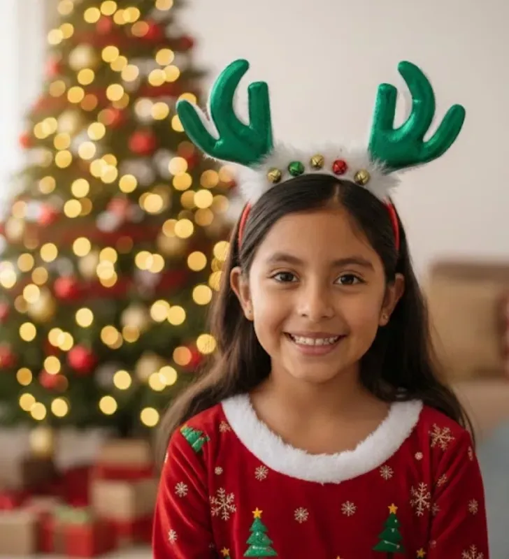 Diadema de Reno con Cuernos Verdes y cascabeles  – Accesorio Navideño