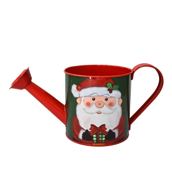 Regadera Metálica Decorativa con Santa Claus – Recipiente Navideño Rojo y Verde