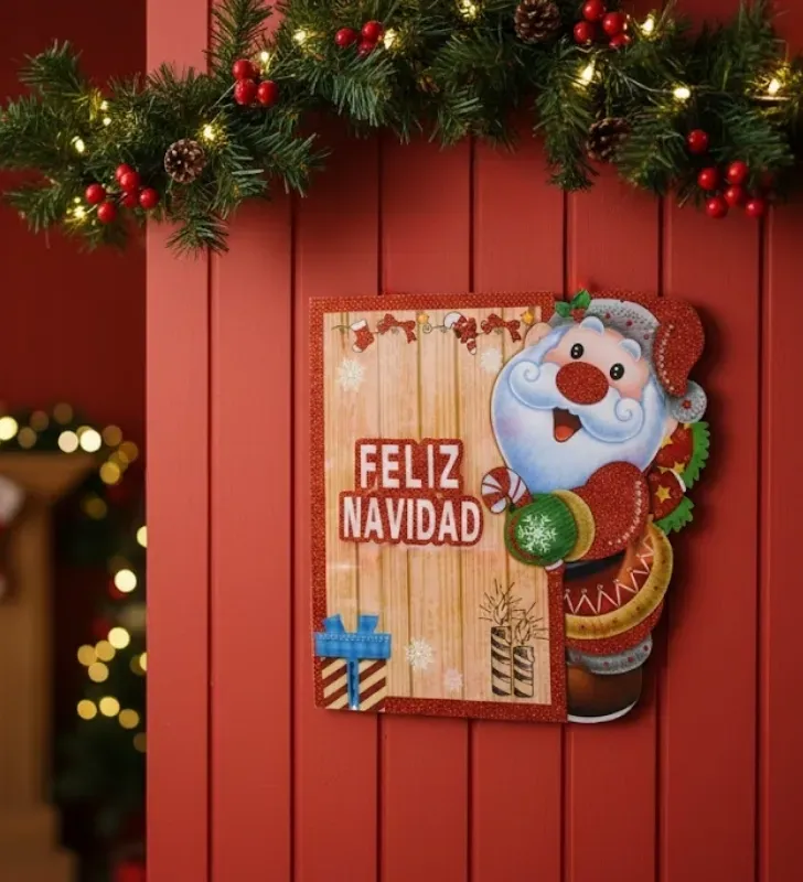 Colgante Iluminado "Feliz Navidad" Rústico con Santa Claus Asomándose y brillos