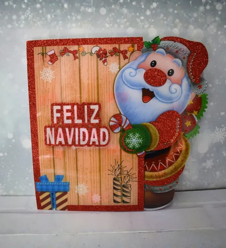 Colgante Iluminado "Feliz Navidad" Rústico con Santa Claus Asomándose y brillos