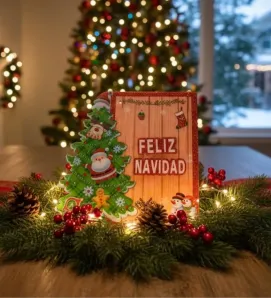 Colgante Iluminado "Feliz Navidad" Rústico con Árbol y Brillos  8237Y