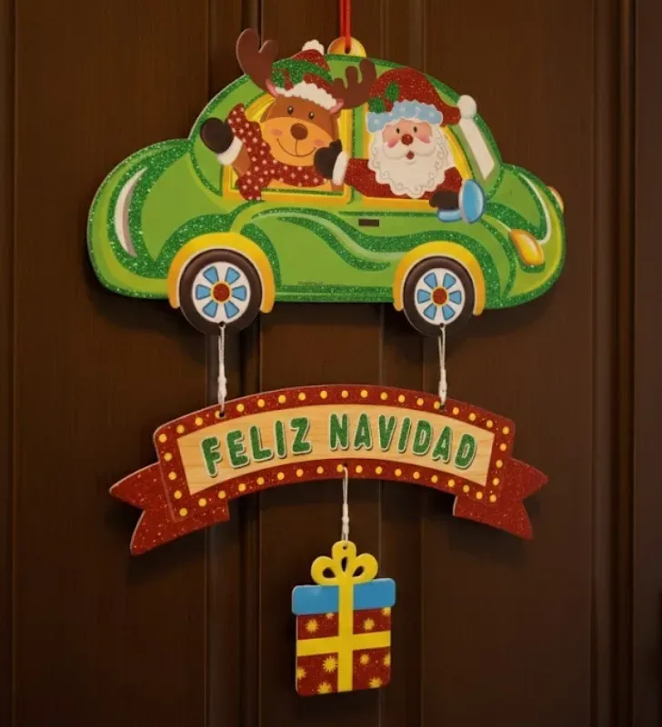 Colgante Navideño Santa y Reno en Auto brillos Verdes – "Feliz Navidad"