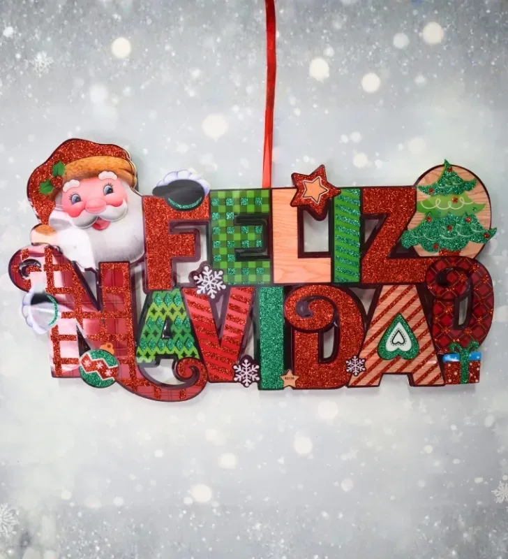 Colgante Iluminado "Feliz Navidad" Glitter y Santa Claus – Modelo 8232Y